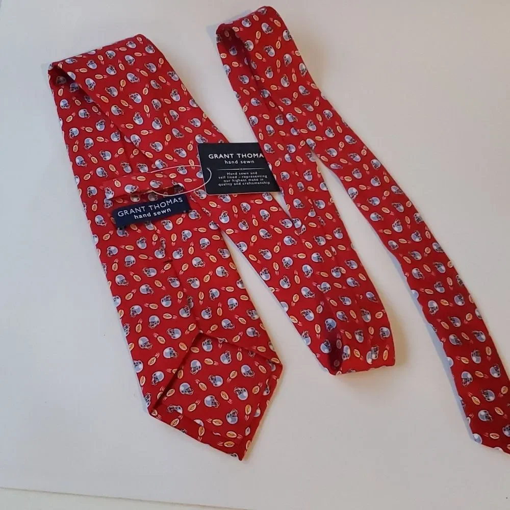 NWT GRANT THOMAS SILK MEN'S TIE FOOTBALL HELMETS RED ORANGE GRAY